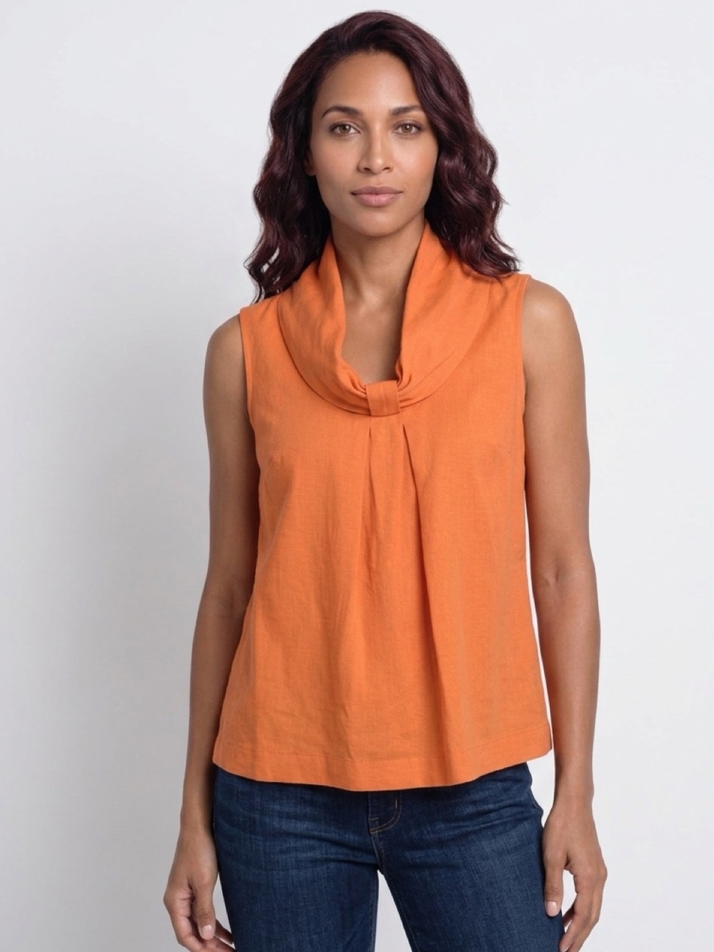 YANSI FUGEL Top Draping Cowl Neck Linen Blend Sleeveless Orange Women Size M